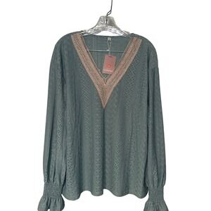 Yesfashion Blouse Womens 2XL Sage Green Eyelet Lace Crochet V-Neck Long Sleeve